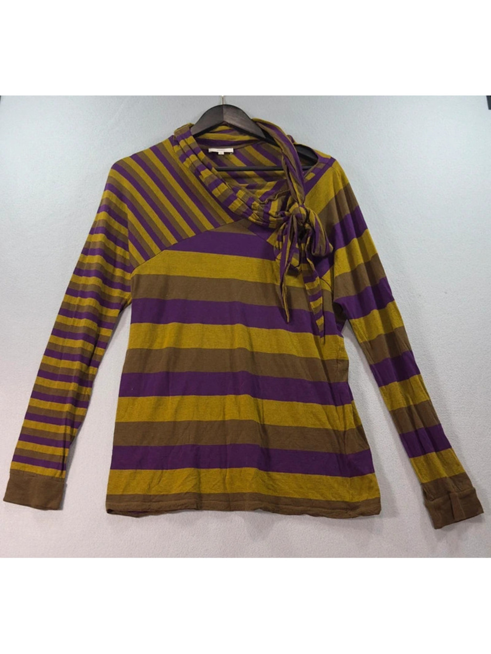 KENZO Women’s XL Striped Tie Neck Long Sleeve Top Purple Mustard Brown E0088